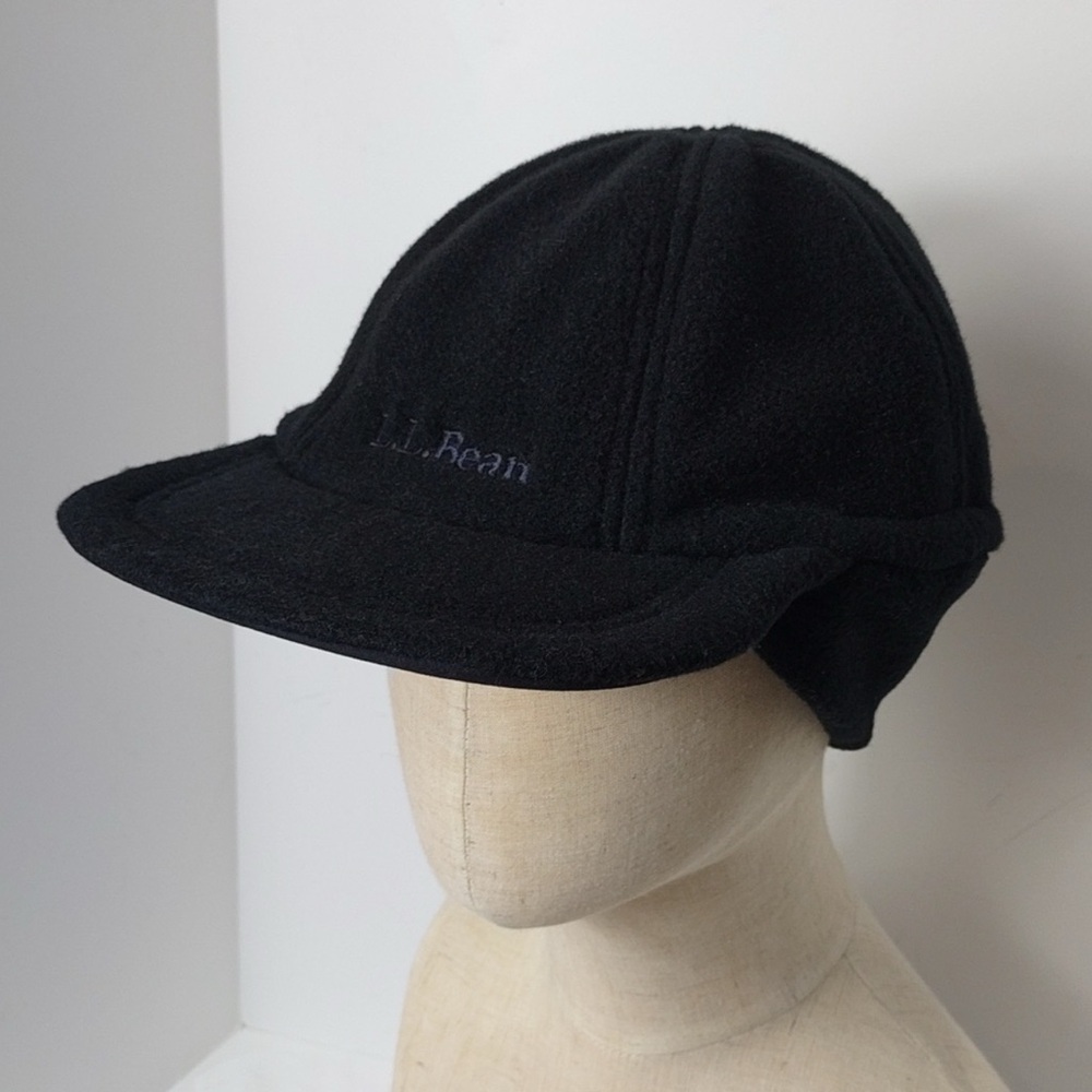 L.L.Bean PolarTec Fleece Hat Black w/ Ear Flaps Ponytail Hole Lg / Xlg
